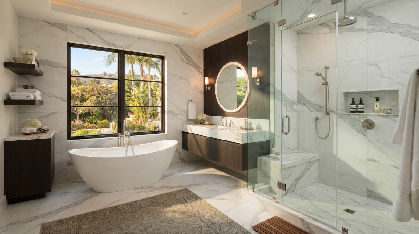 Luxury bathroom with walk-in shower and freestanding tub