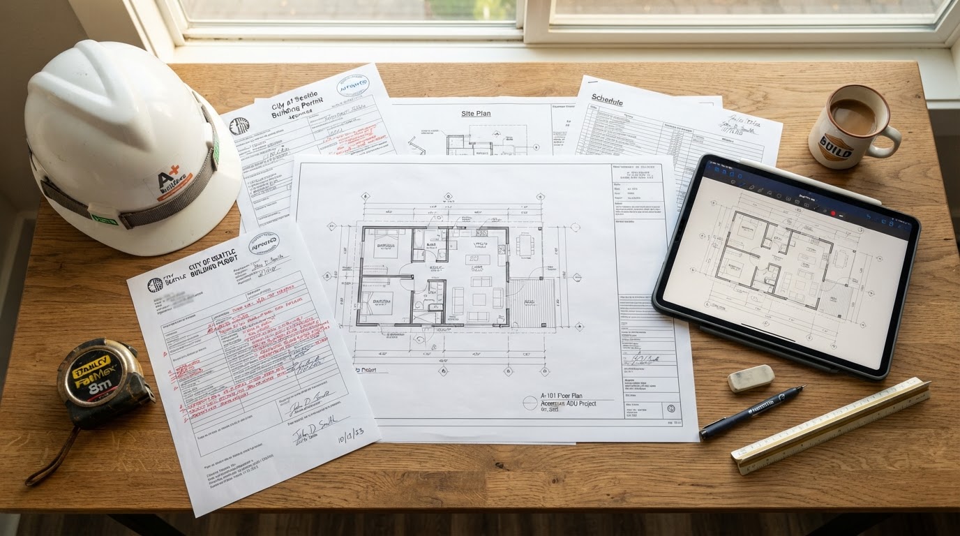 Architectural blueprints and permit documents with a hard hat and measuring tape showing a modern ADU floor plan during construction planning