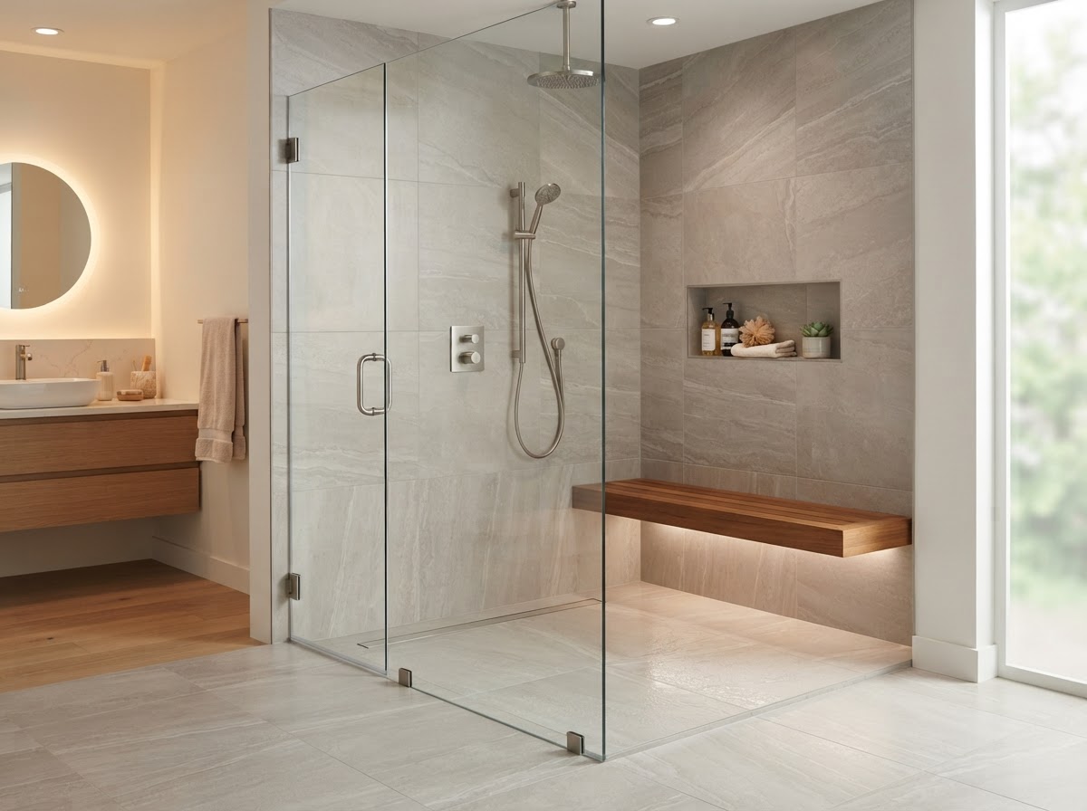 Luxury curbless walk-in shower with large-format porcelain tile, dual showerheads, and frameless glass enclosure