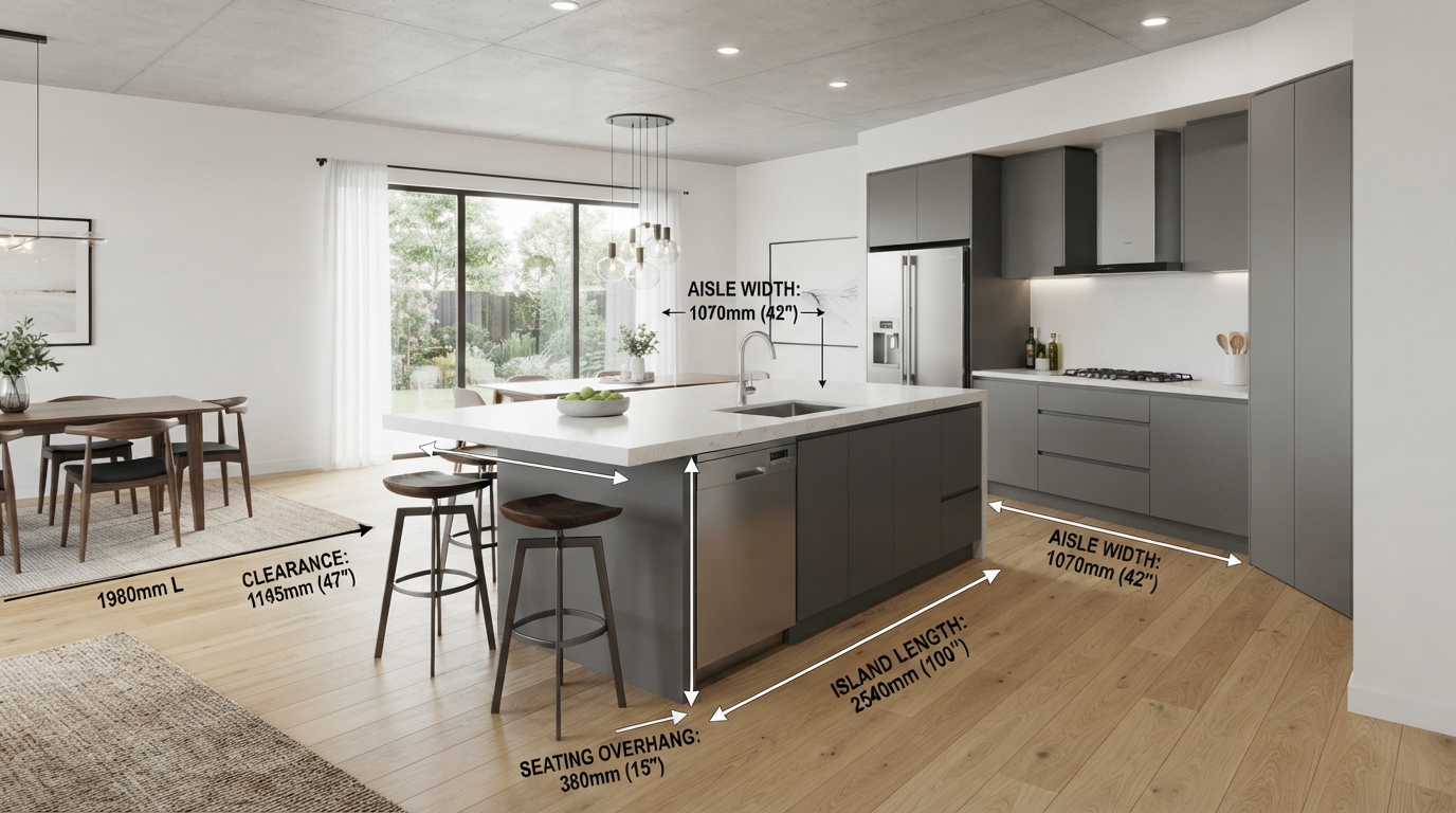 Modern kitchen island with prep sink, seating overhang, and proper clearance spacing