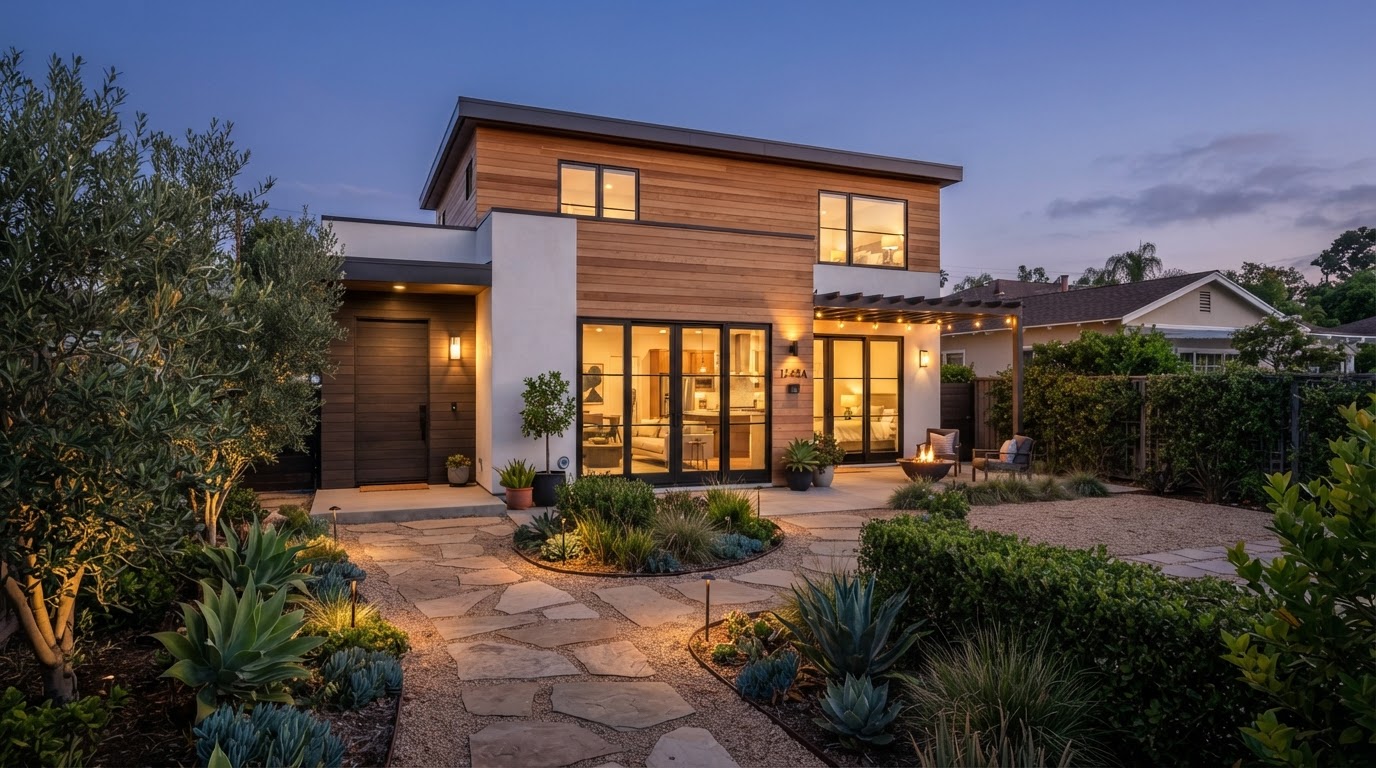 Two-bedroom detached ADU exterior at dusk in an Orange County suburban backyard with warm interior lighting, a separate private entrance and modern wood siding and stucco, suggesting dual rental income potential
