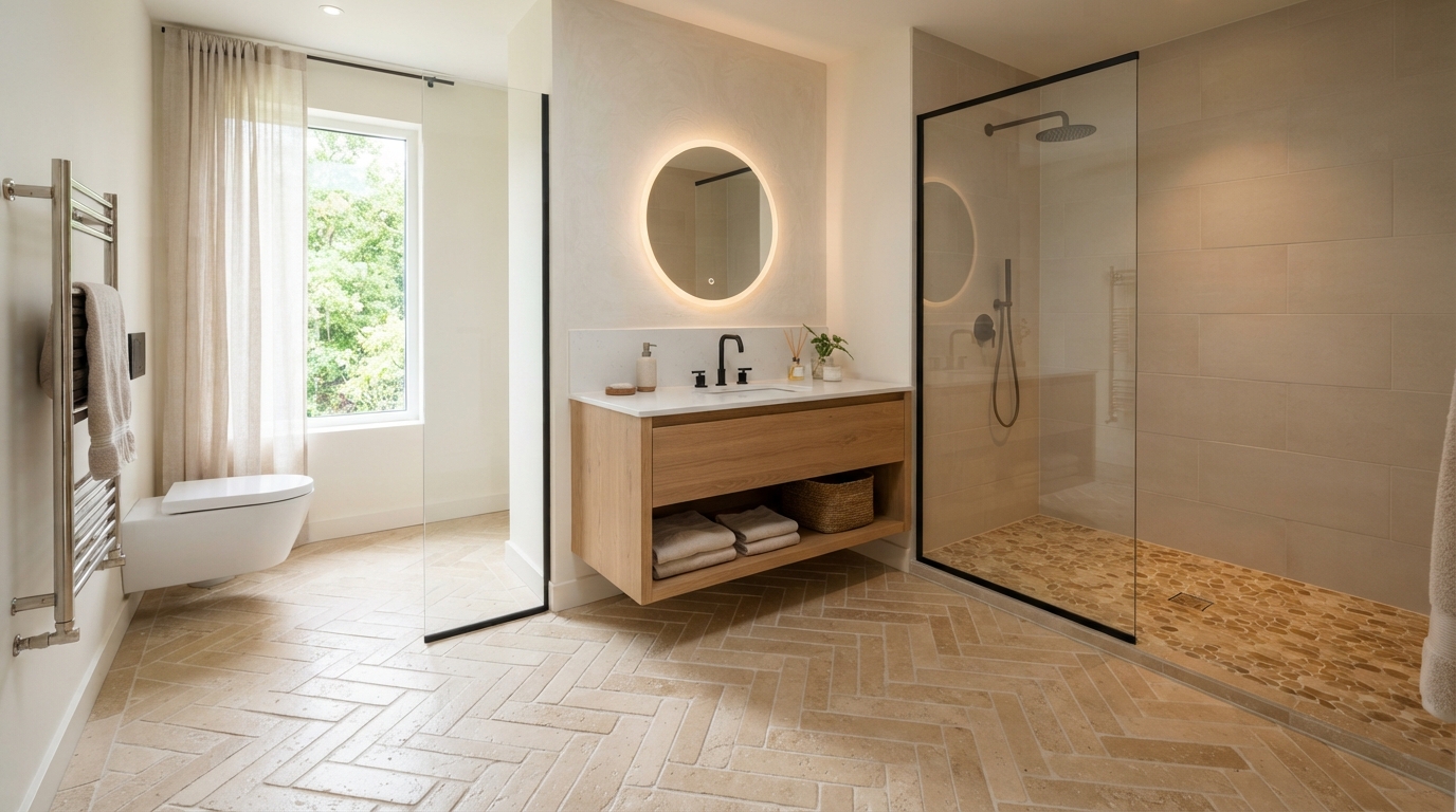 Modern bathroom with herringbone tile floor, walk-in shower with mosaic floor tile, floating vanity, warm neutral tones