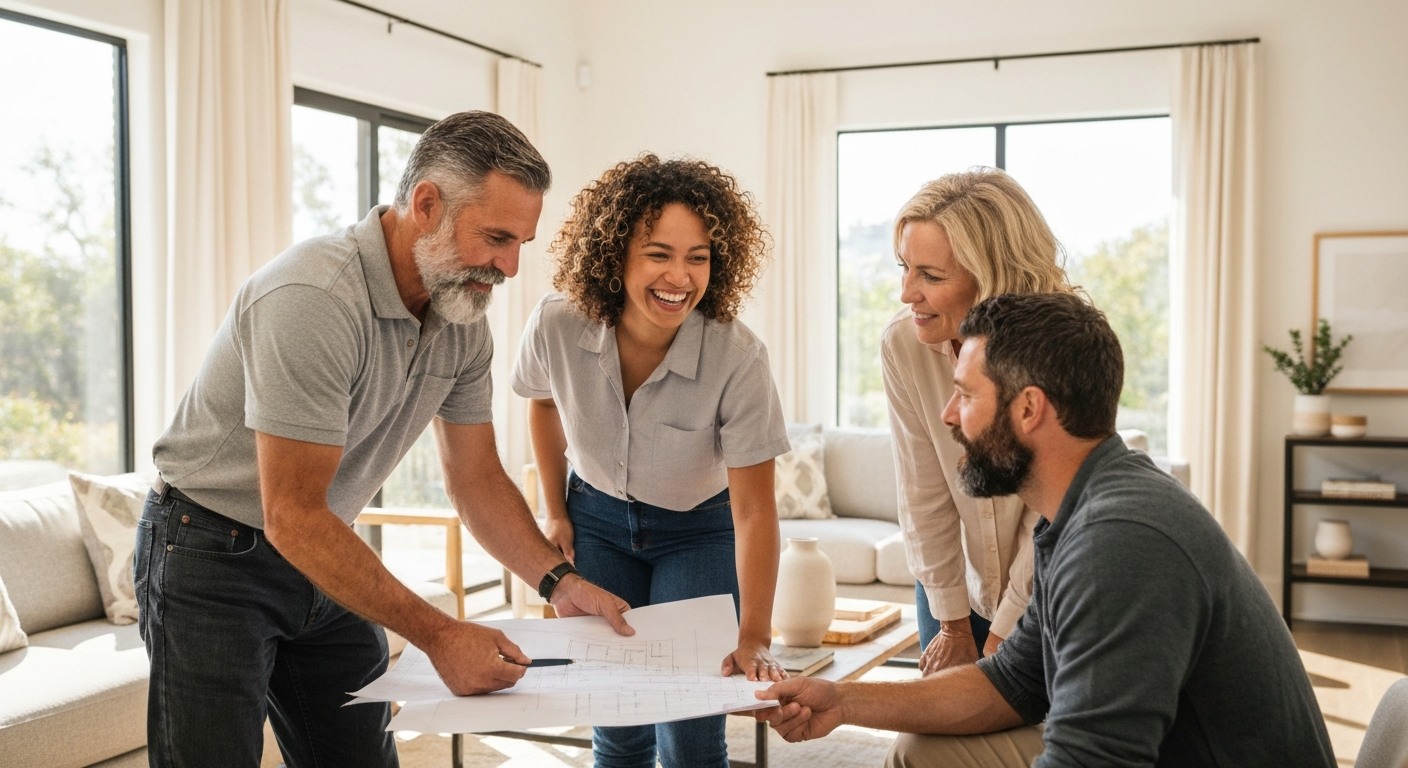 Professional contractor and interior designer discussing blueprints with homeowners