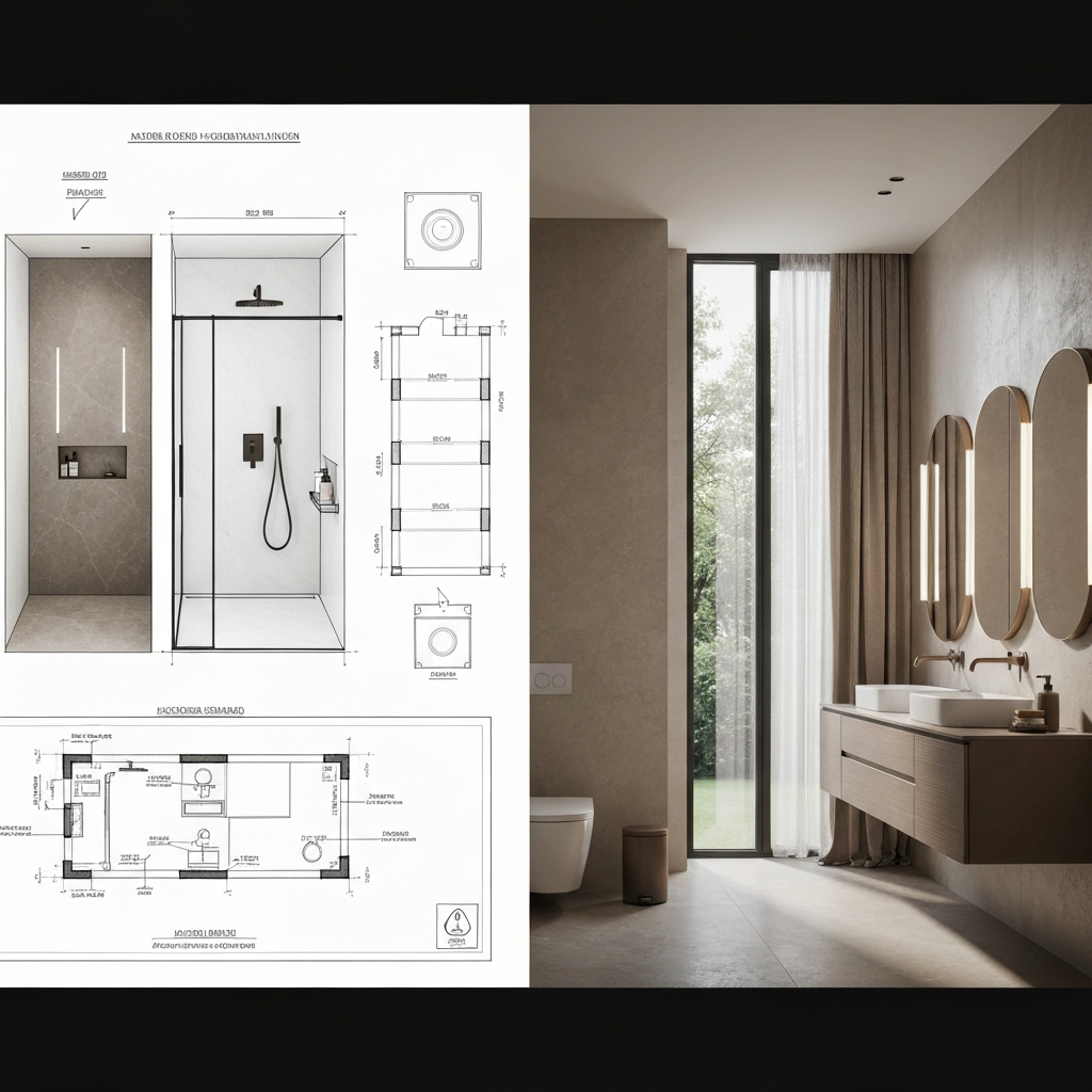 Architectural blueprints transitioning to a finished luxury space