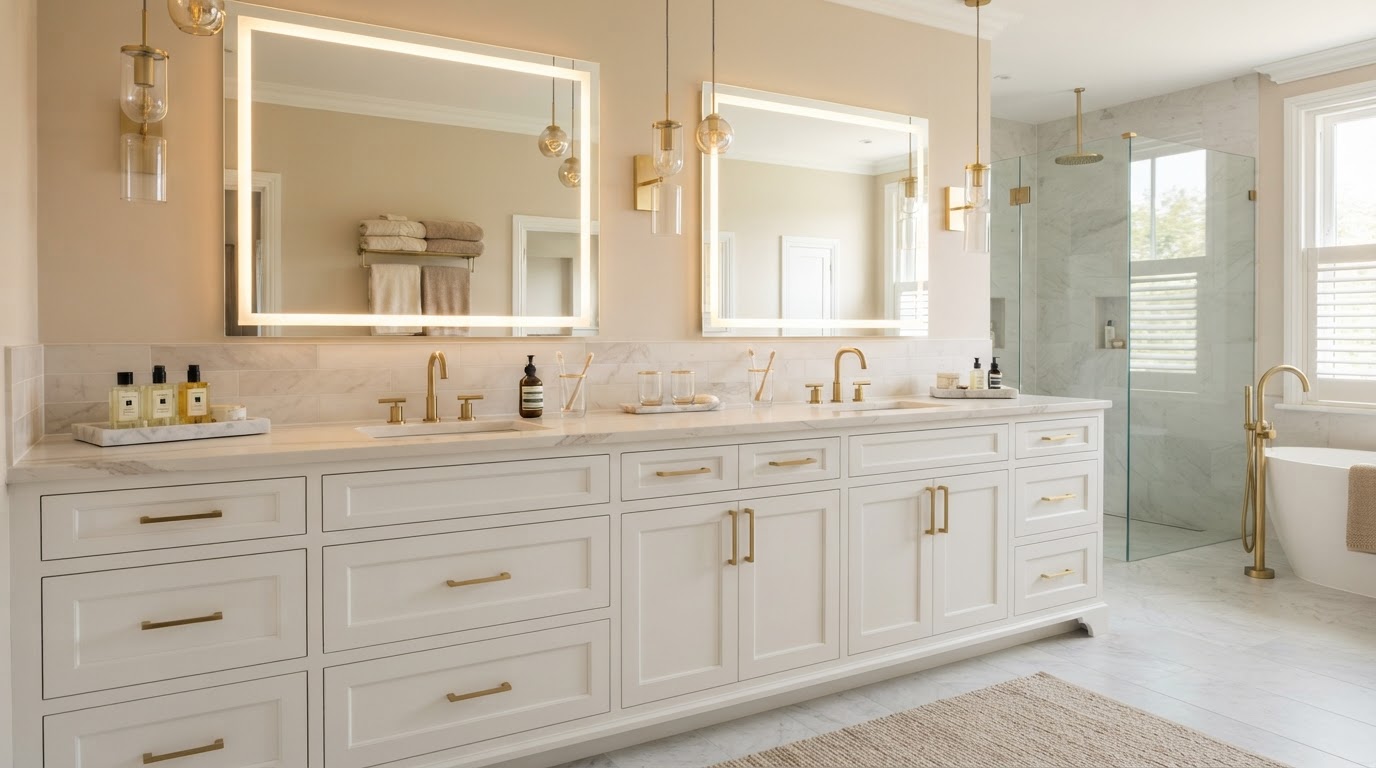 Double bathroom vanity with custom white shaker cabinets, quartz countertops, and integrated LED mirror lighting
