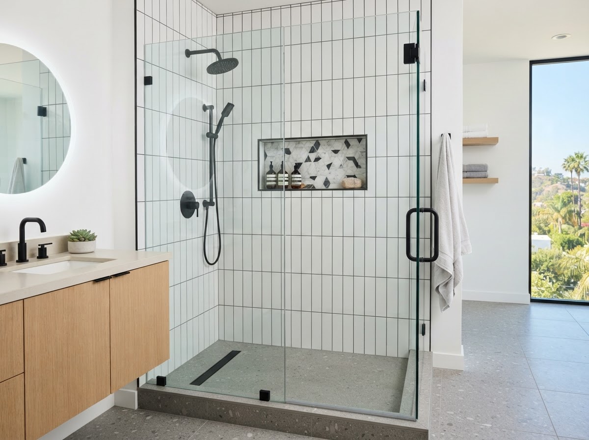 Modern bathroom shower with vertical white subway tile, dark contrasting grout, built-in niche with accent mosaic, and matte black fixtures