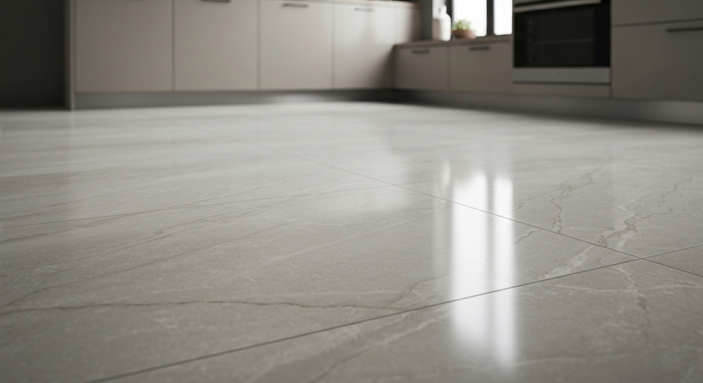 Close up view of a premium kitchen floor with marble-look porcelain tile