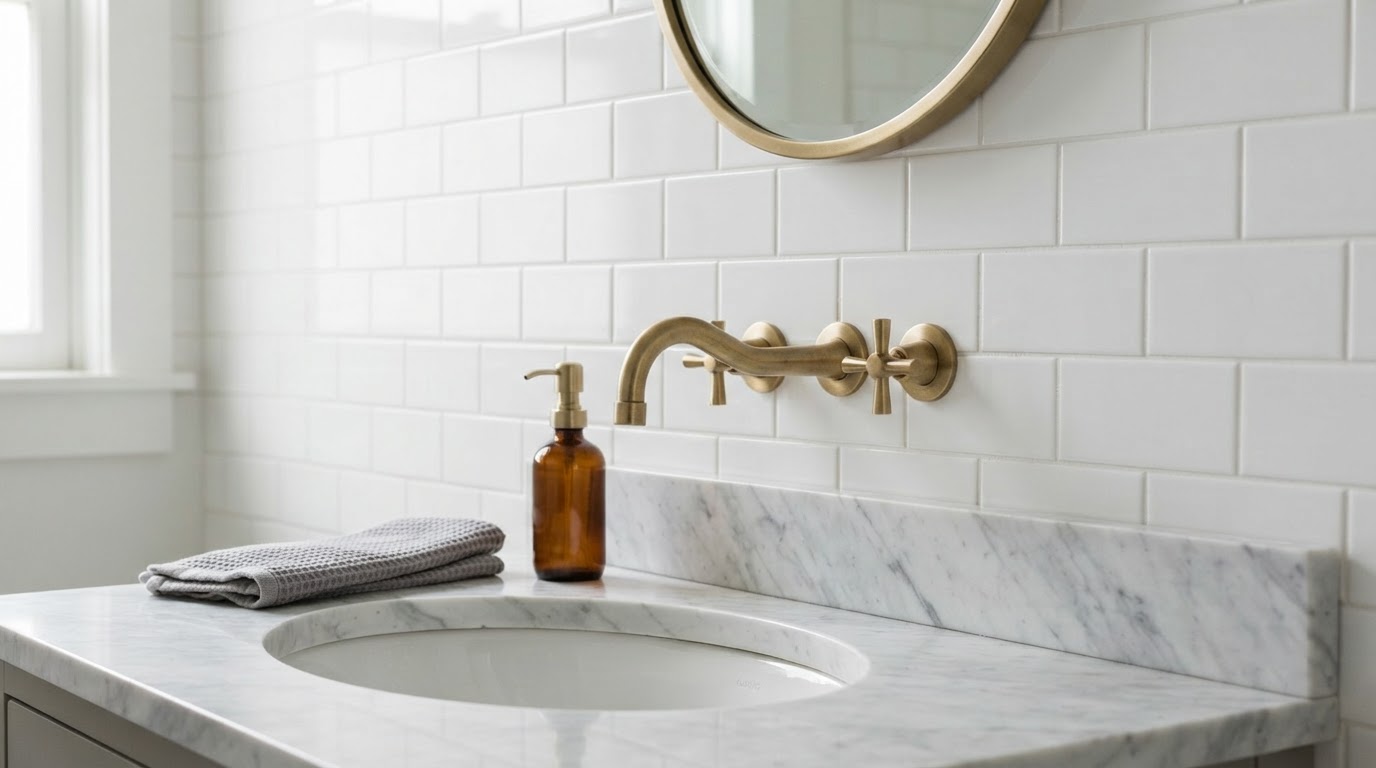 Close-up of classic white glossy 3x6 subway tile installed in a running bond pattern with white grout, paired with a brushed brass faucet and marble countertop edge