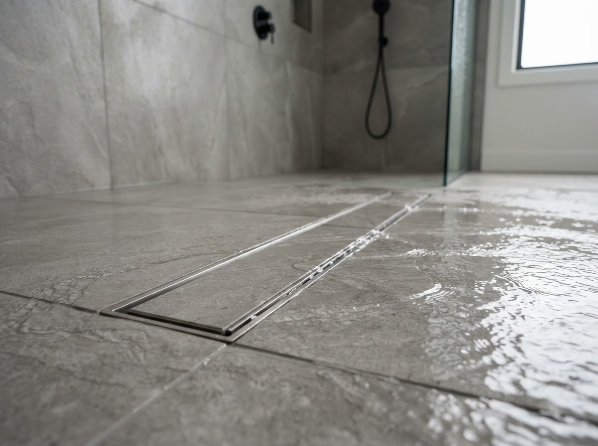 Close-up of a tileable linear shower drain installed flush with large-format gray porcelain shower floor tile, the grate filled with matching tile so it blends seamlessly, water gently flowing toward the drain