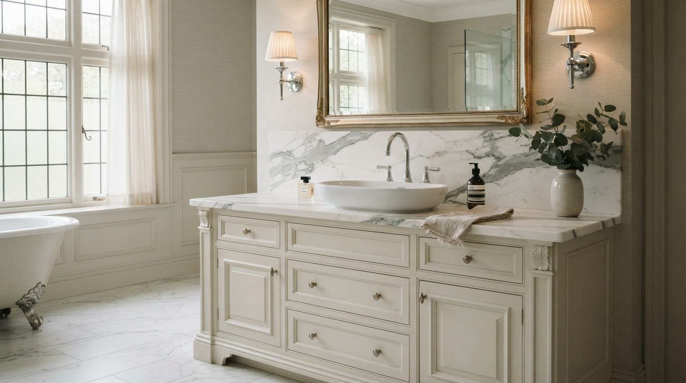 Classic luxury bathroom vanity with white marble countertop, dramatic grey veining, vessel sink, and polished chrome fixtures