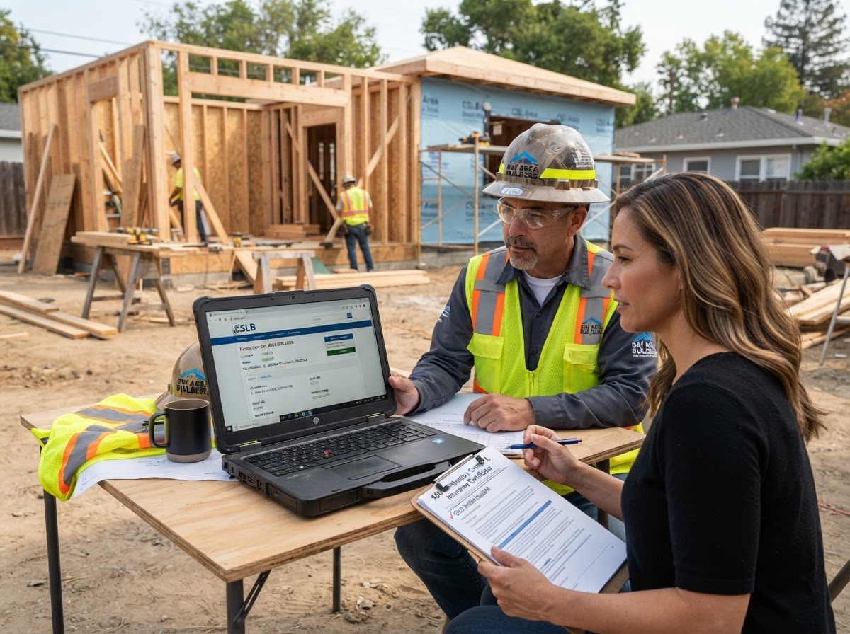 A contractor verifying a California contractor license on a laptop screen at a residential construction site with framed ADU walls in the background and insurance documents on a clipboard, representing CSLB license verification before signing an ADU construction contract
