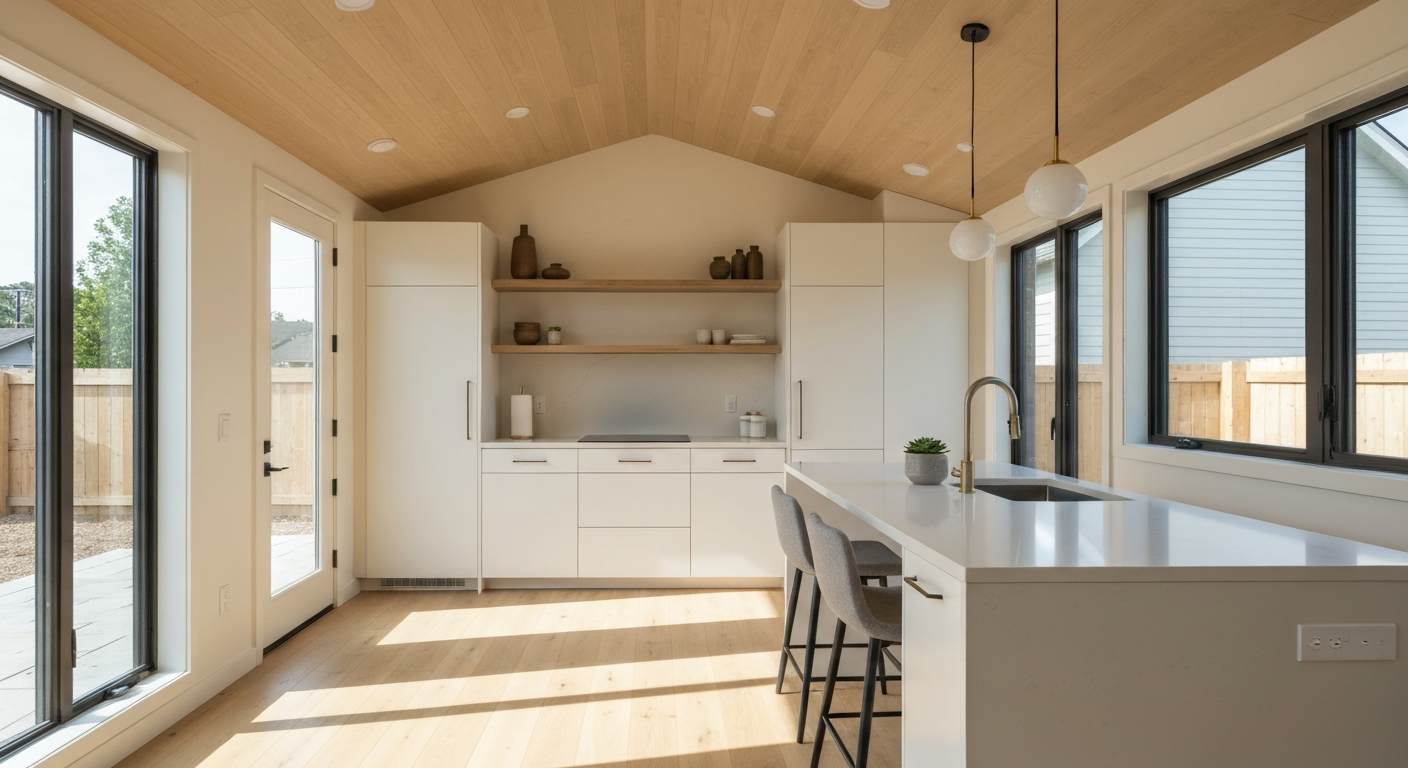 Luxurious open concept ADU interior with modern kitchen and living area