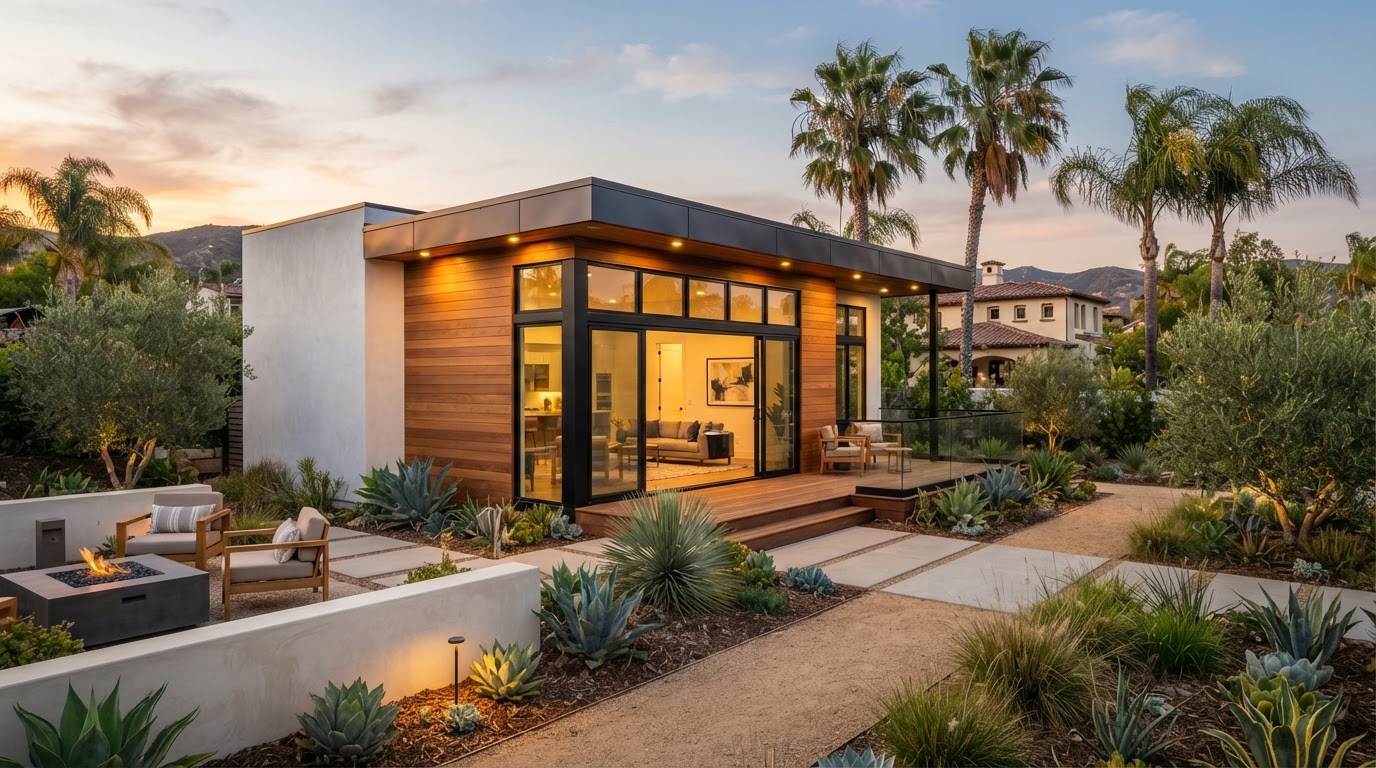 Modern detached accessory dwelling unit (ADU) in a Southern California backyard with contemporary architecture, large windows, stucco and wood siding, and drought-tolerant landscaping