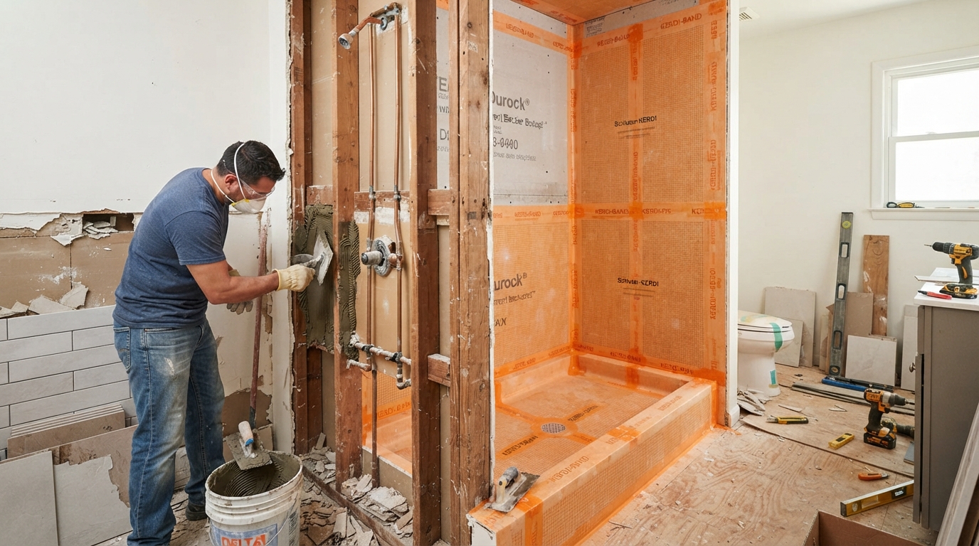 Tub-to-shower conversion construction process showing demolition, framing, plumbing, and waterproofing membrane installation