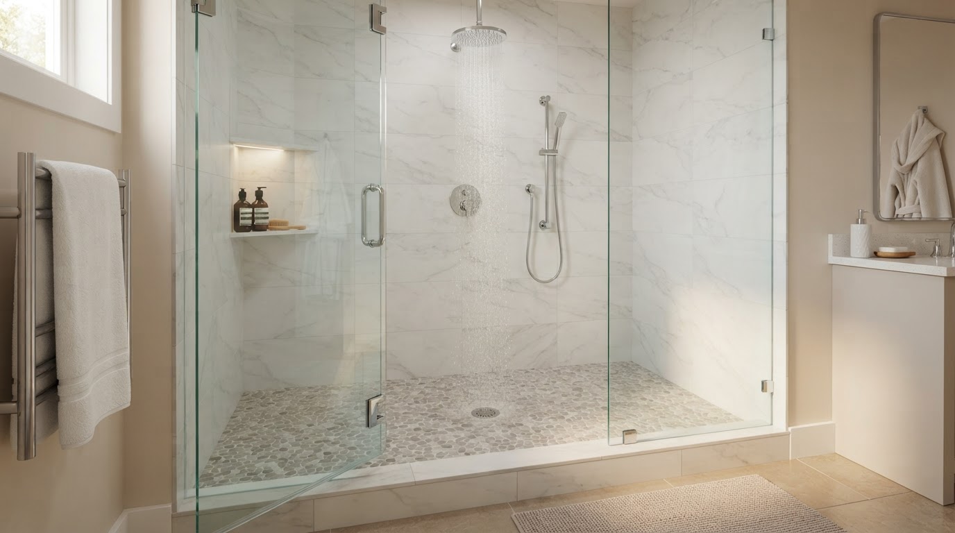 Finished modern tiled shower pan with sloped neutral mosaic floor tile draining toward a round chrome point drain, large-format marble-look porcelain walls, frameless glass enclosure and rain showerhead in a luxury bathroom