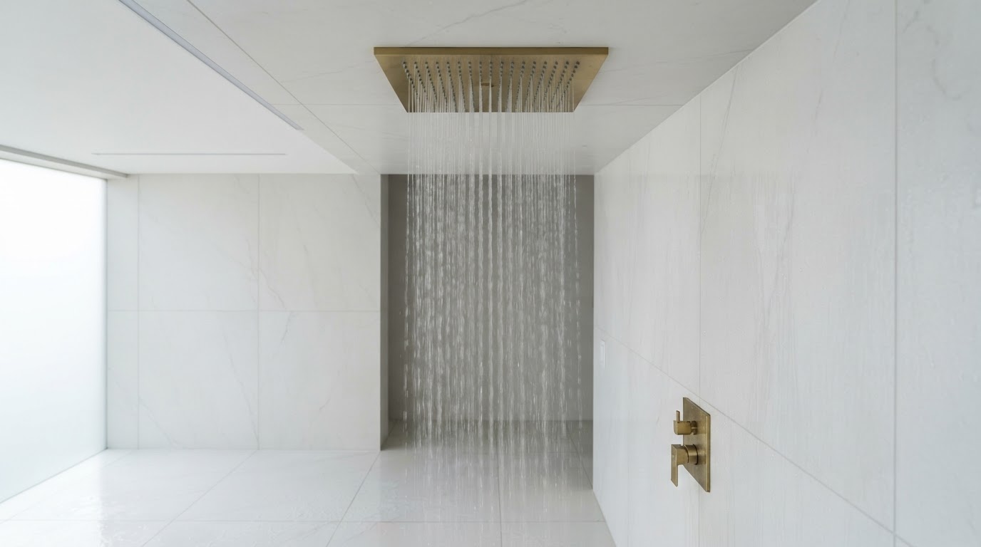 Close-up of a ceiling-mounted large square rain shower head with soft water cascading straight down in a bright contemporary bathroom with seamless large-format white porcelain ceiling and walls and brushed brass trim