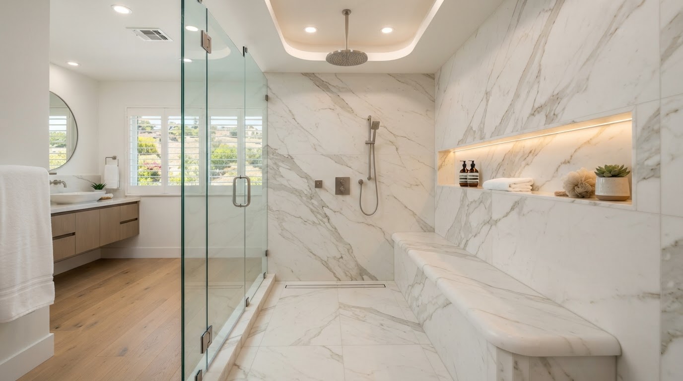 Luxury walk-in shower remodel with frameless glass, marble tile, and rain showerhead in an Orange County home
