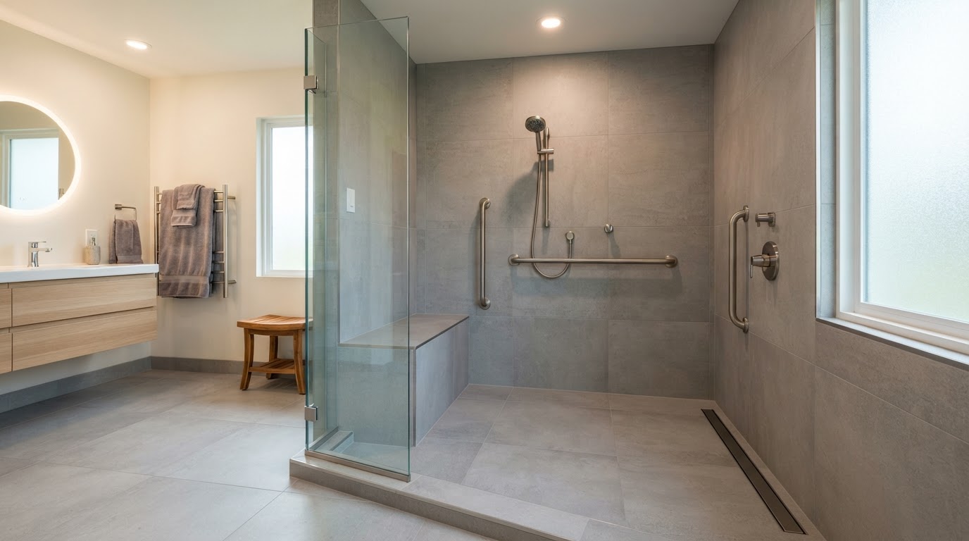 Finished curbless walk-in shower with linear drain, large-format gray porcelain tile, built-in bench, handheld shower with grab bars, and fixed glass panel