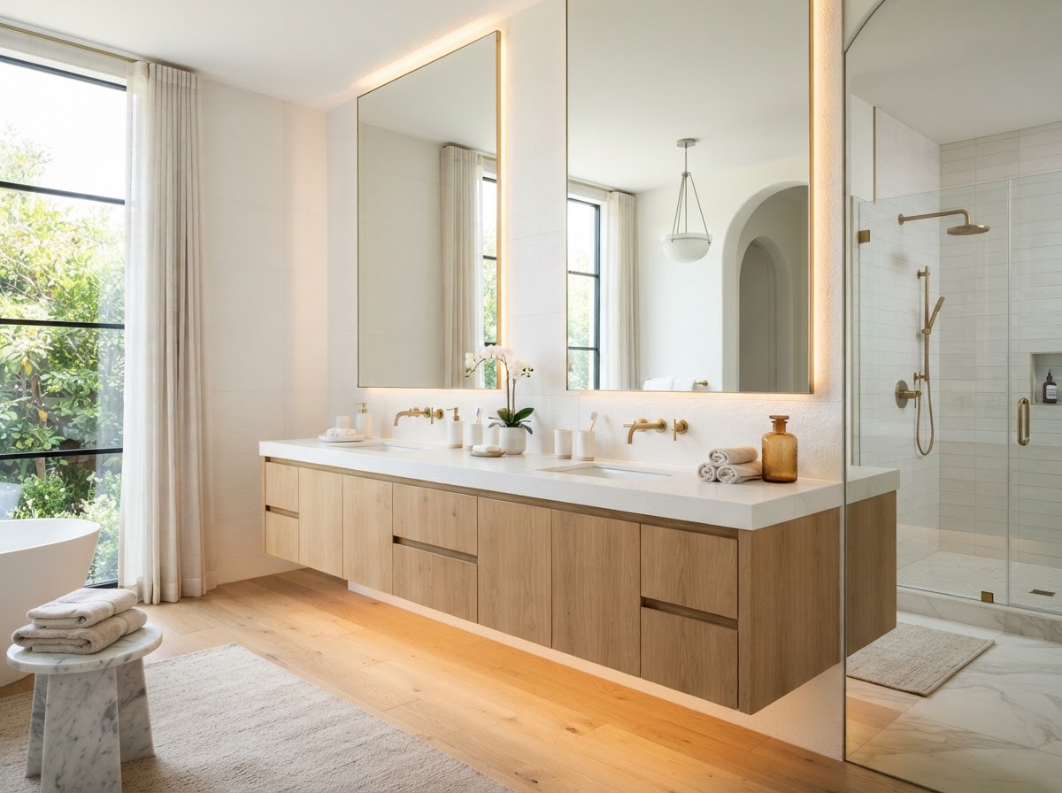 Luxury primary bathroom with a custom double vanity featuring white quartz countertop, undermount sinks, brushed brass fixtures, natural oak cabinetry, large mirrors, and integrated lighting