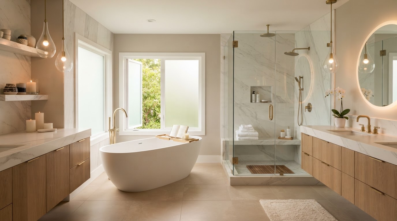 Luxury modern bathroom remodel with freestanding tub, frameless glass walk-in shower, double vanity, and spa-like design