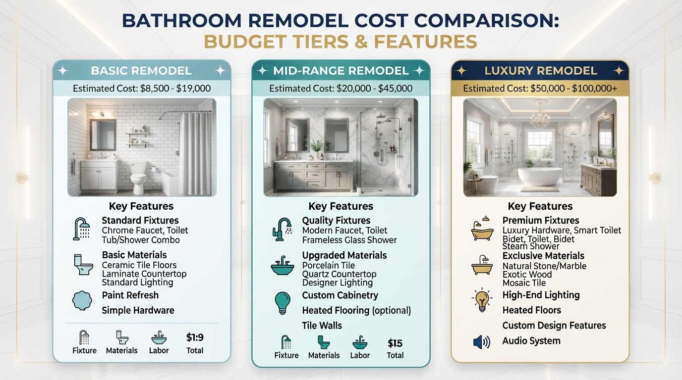 Bathroom remodel cost comparison showing different budget tiers from basic to luxury renovation