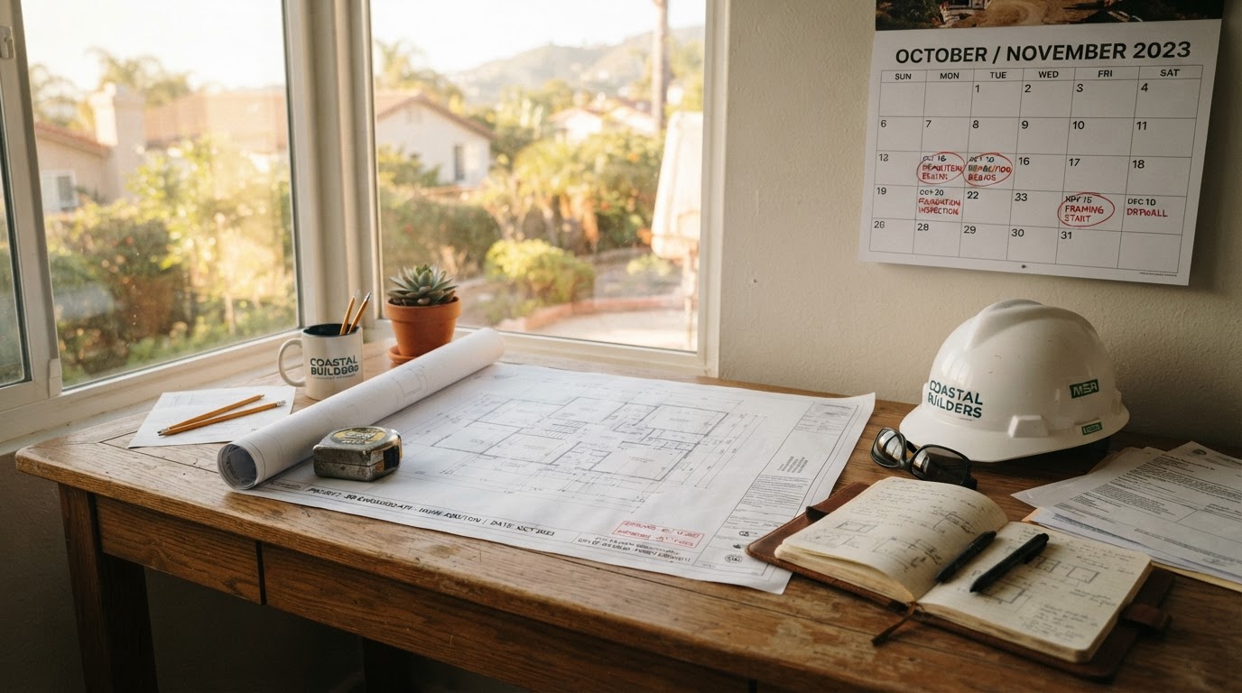 An architectural floor plan rolled open on a warm oak desk next to a wall calendar with construction milestone dates circled, building permit approval stamps, a hard hat, and a measuring tape, representing the home addition design, permitting, and construction timeline planning process in California