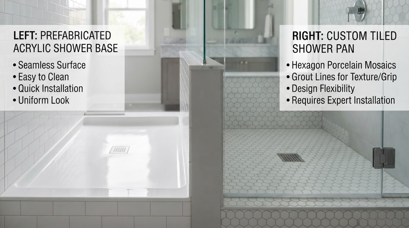 Side-by-side comparison of a prefabricated white acrylic shower base and a custom tiled shower pan with small hexagon porcelain mosaic tile and grout