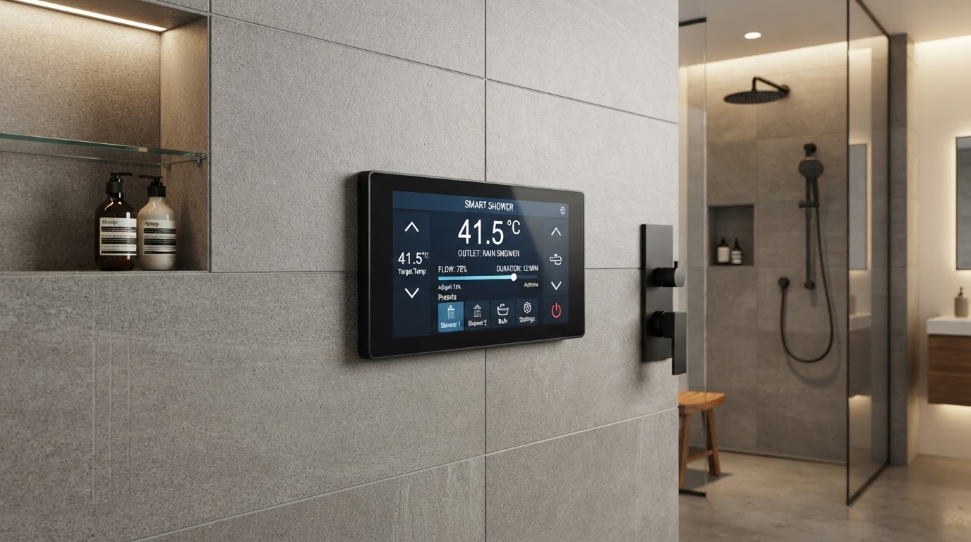 Digital shower control panel with a sleek touchscreen interface mounted on a minimalist contemporary shower wall, preset temperature display, matte black finish, large-format gray tile