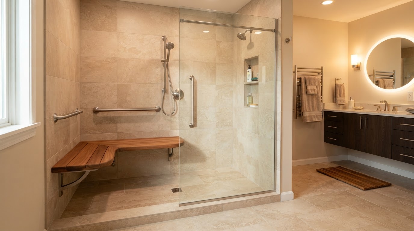 Accessible curbless walk-in shower with grab bars, built-in bench, and handheld showerhead for aging in place