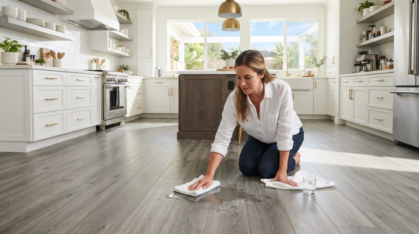 Modern kitchen with waterproof luxury vinyl plank (LVP) flooring in a grey weathered oak wood-look finish, white cabinetry and brushed brass hardware, a water spill being wiped up demonstrating moisture resistance