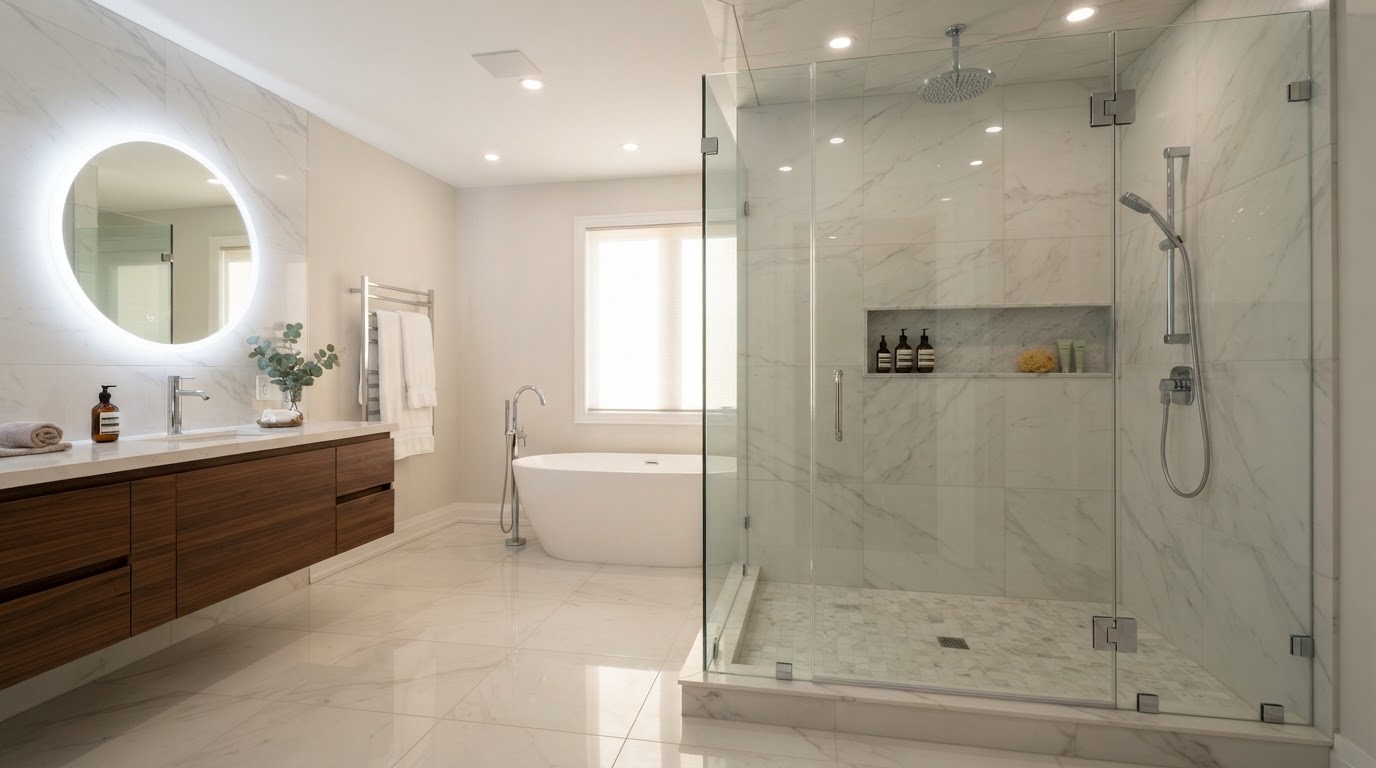 Luxury modern bathroom with a frameless glass shower enclosure, large clear tempered glass panels with minimal chrome hinges, hinged glass door, large-format marble-look porcelain tile walls and rain showerhead