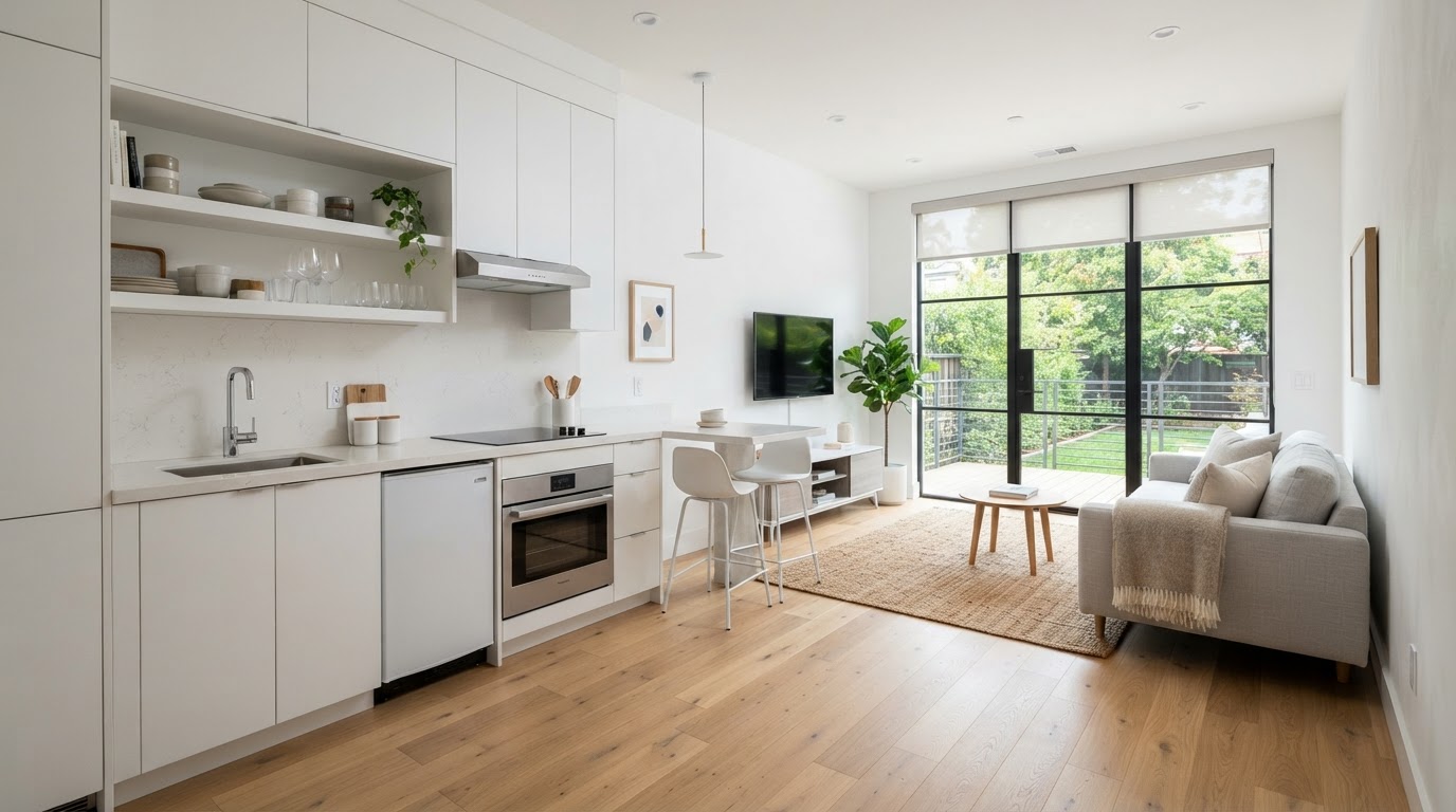 Completed modern ADU interior with compact efficient studio kitchen and living area, white cabinetry, quartz countertops, stainless steel appliances, and engineered hardwood flooring