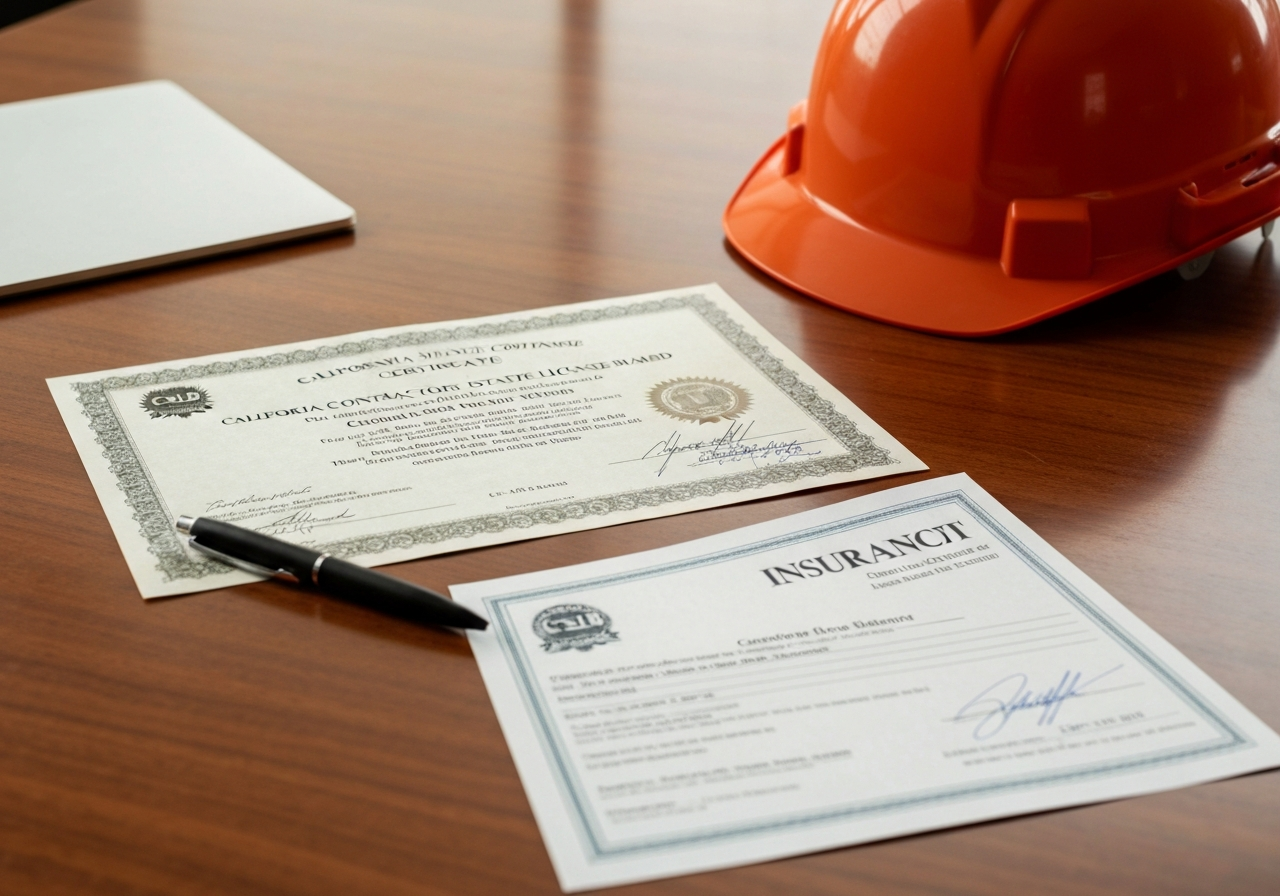 California contractor license and insurance documents on a desk — essential credentials for hiring a remodeling contractor