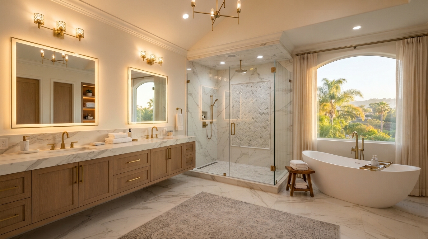 Luxury primary bathroom remodel in Orange County with double vanity, walk-in shower, and freestanding tub