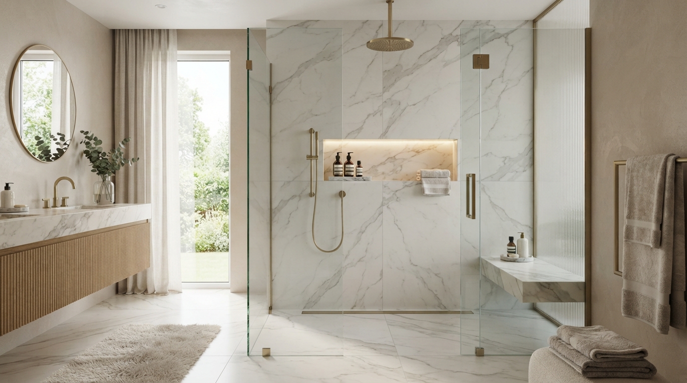 Luxury walk-in shower with frameless glass, large-format tile, built-in niche, and rain showerhead after a tub-to-shower conversion