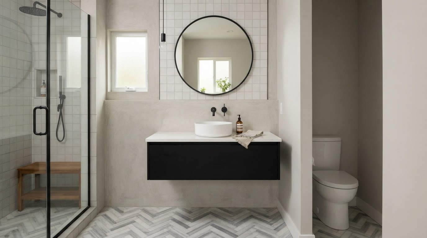 Small bathroom remodel with a wall-mounted floating vanity in matte black, single vessel sink, white quartz countertop, round mirror, and herringbone porcelain floor tile