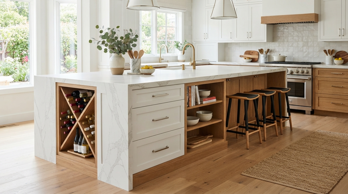Kitchen island with built-in storage solutions including pull-out drawers and wine storage
