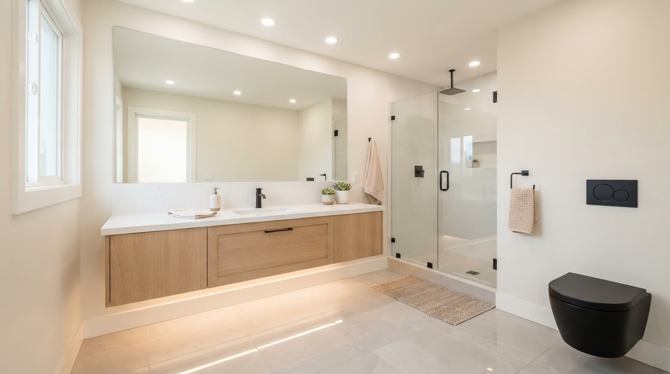 Small modern bathroom made to feel spacious with recessed ceiling lights, large mirror, and soft under-vanity toe-kick LED lighting