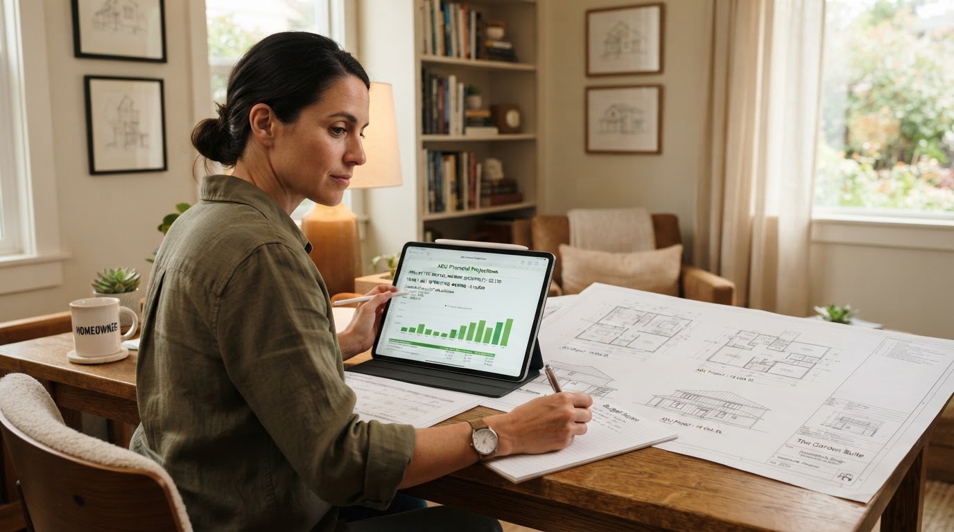 A homeowner reviewing construction cost breakdowns and a rental income projection spreadsheet on a tablet next to architectural plans for an ADU in a warm home office