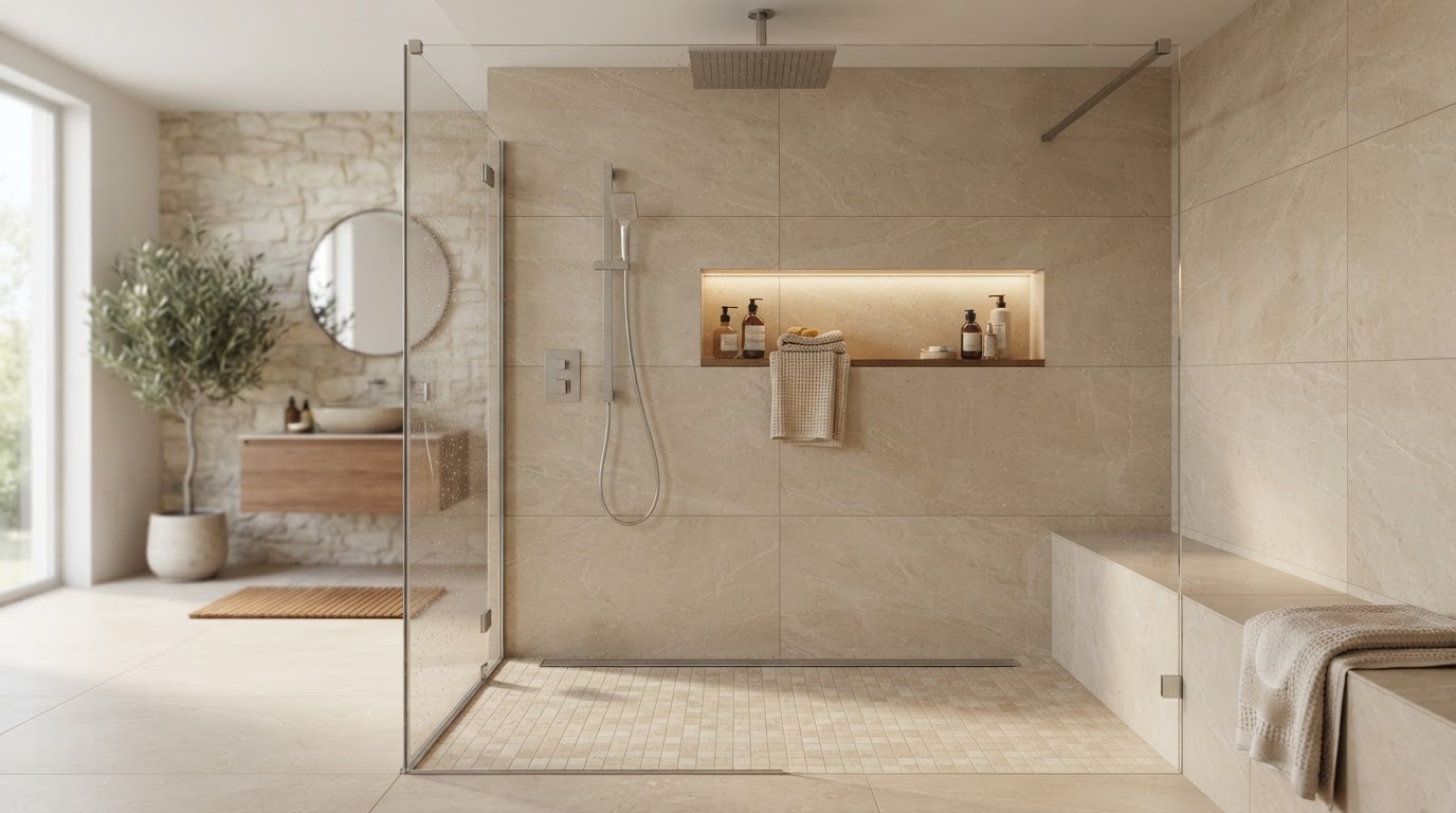 Finished custom luxury shower with a tiled shower pan, a sleek stainless steel linear drain along the back wall, large-format warm beige porcelain, frameless glass, a recessed niche and a rain showerhead