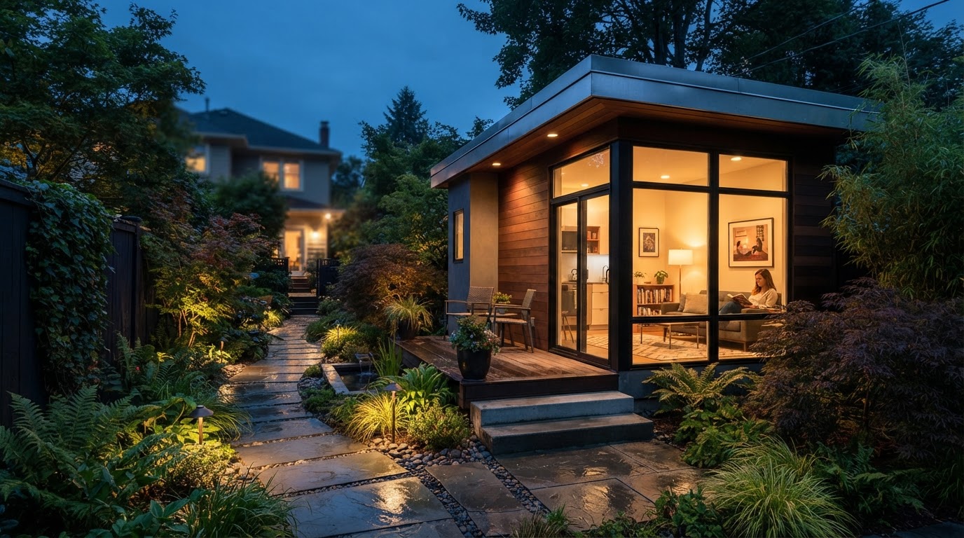 Private backyard detached ADU at dusk with warm interior lighting, separated from the main house by a garden path and landscaping