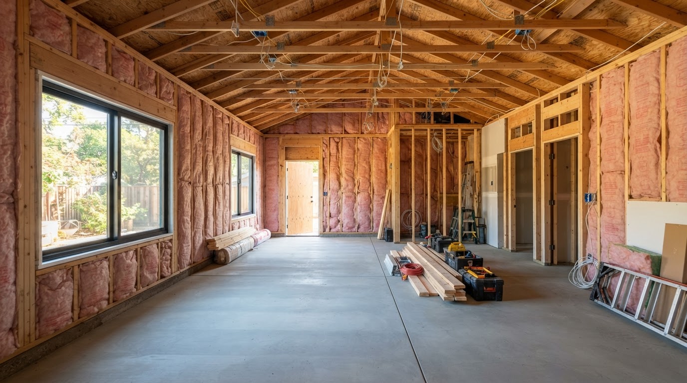 Two-car garage being converted into a modern ADU living space with interior framing, insulation, and new drywall visible during construction