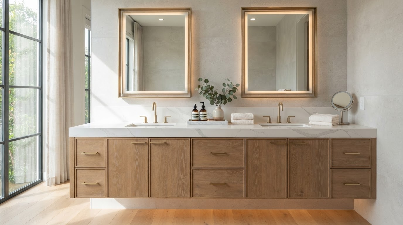 Luxury primary bathroom vanity with white quartz countertop, undermount sinks, brushed brass faucets, natural oak cabinetry, large mirrors, and integrated LED lighting