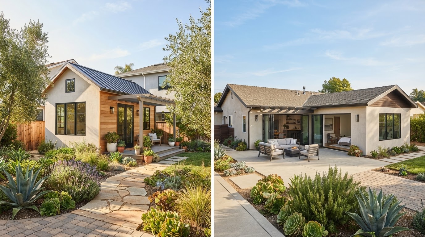 Split-screen comparison of a modern detached ADU cottage in a Southern California backyard versus a single-story home addition connected to an existing house, illustrating ADU vs home addition in California