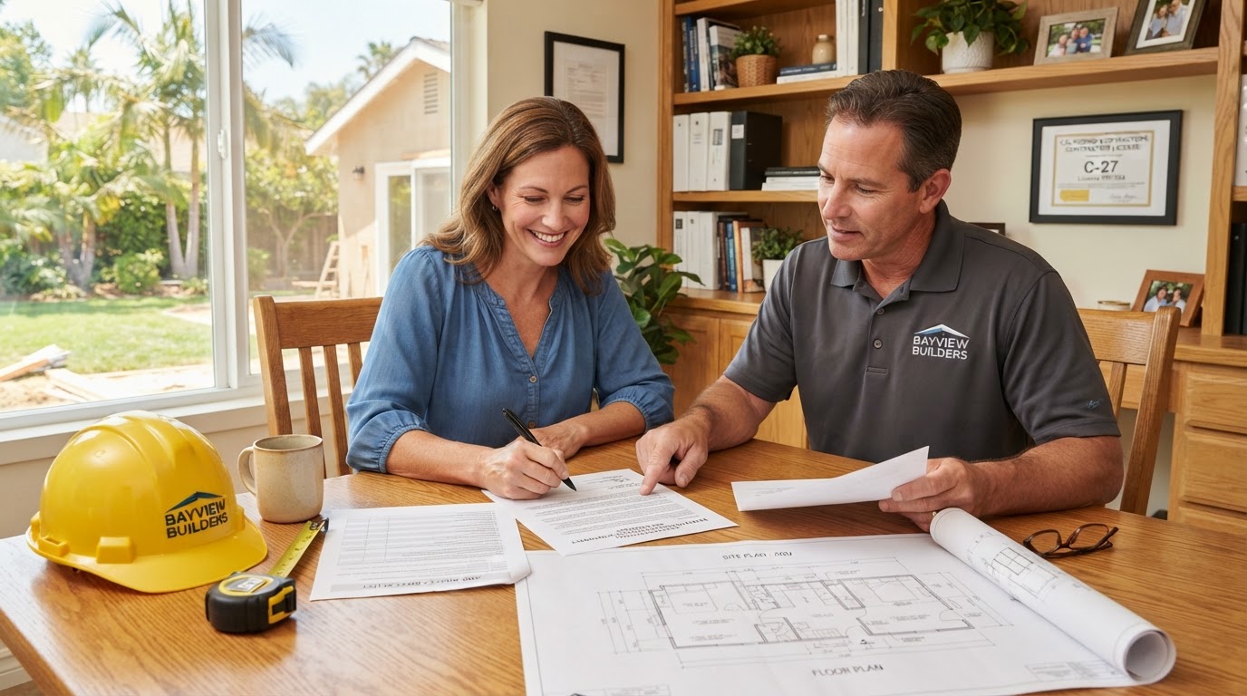 A homeowner and contractor reviewing a detailed ADU construction contract on a warm oak desk in a bright Southern California home office, with a hard hat and architectural floor plans, representing an ADU construction contract checklist and contractor agreement