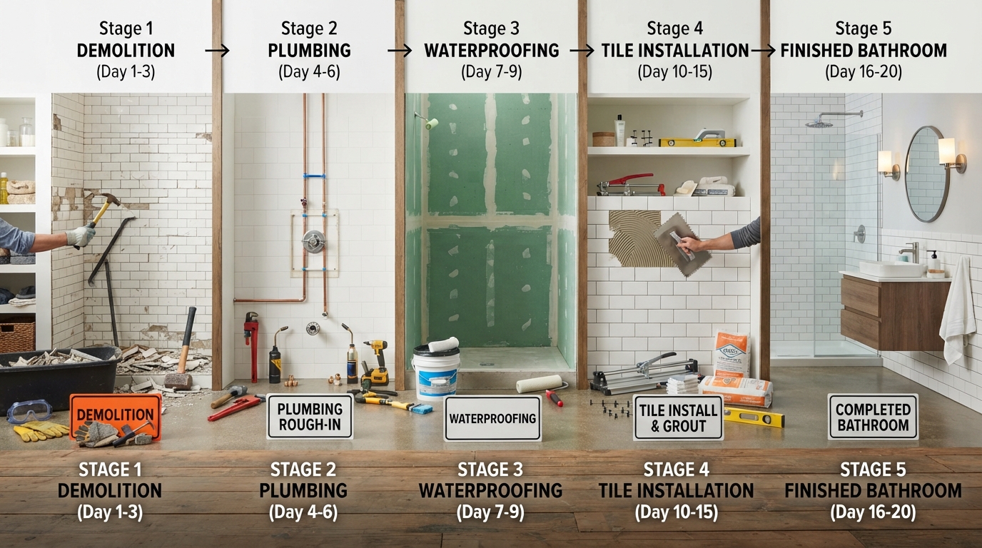 Bathroom remodeling timeline showing construction phases from demolition to finished bathroom