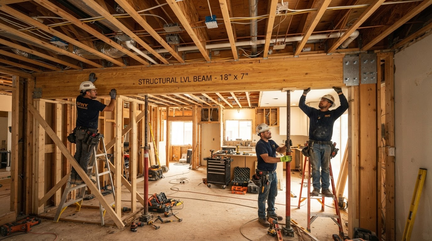 Structural beam installation during open-concept kitchen remodel showing temporary support walls and rerouted utilities