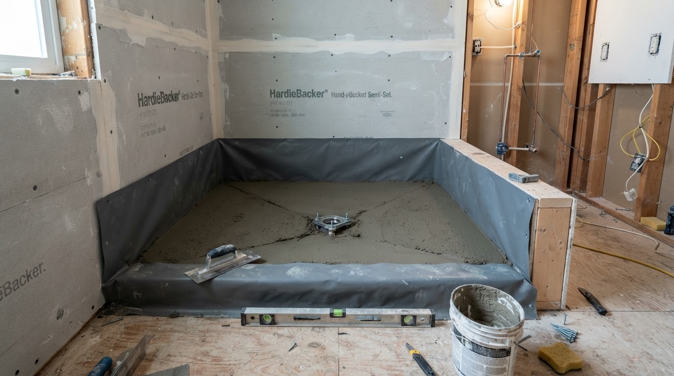 Traditional mortar shower pan under construction showing a sloped mortar bed over a waterproof shower liner, a clamping drain at center and cement backer board on the walls during a bathroom renovation
