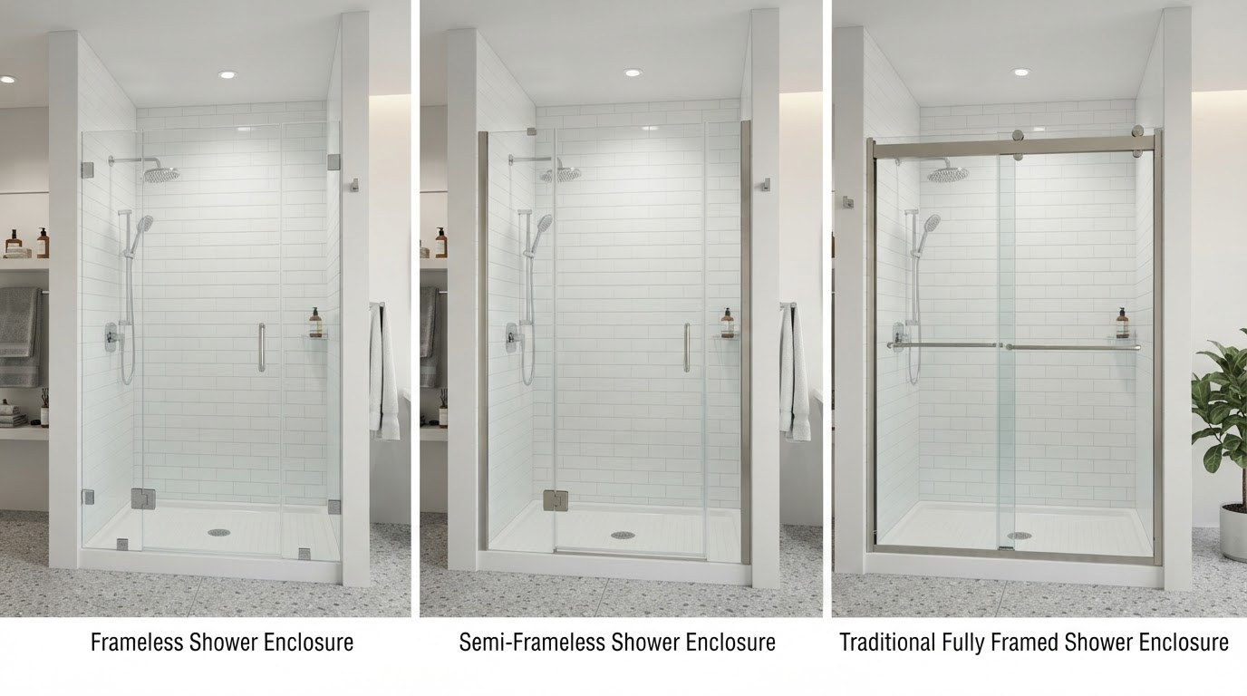 Comparison of three shower glass enclosure types side by side: frameless glass with minimal hardware, semi-frameless glass with partial metal framing, and traditional fully framed shower enclosure in a clean white bathroom showroom