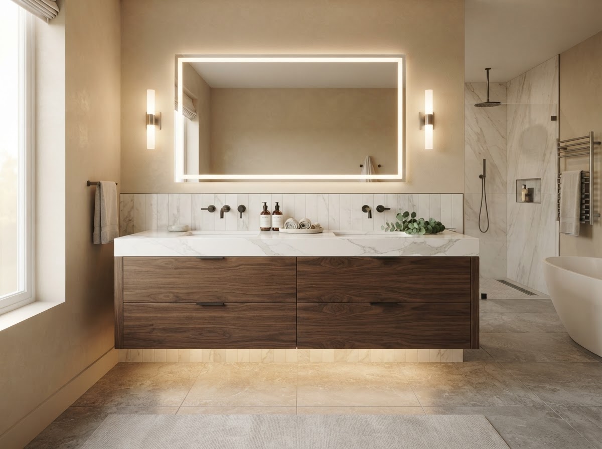 Modern bathroom vanity with floating double vanity, quartz countertop, backlit mirror, and integrated storage in a luxury bathroom remodel